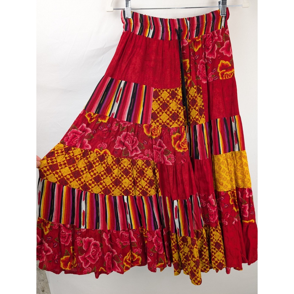 Vintage 90s Patchwork Floral Tiered Maxi Skirt Sz S Red Boho Hippie Cottagecore